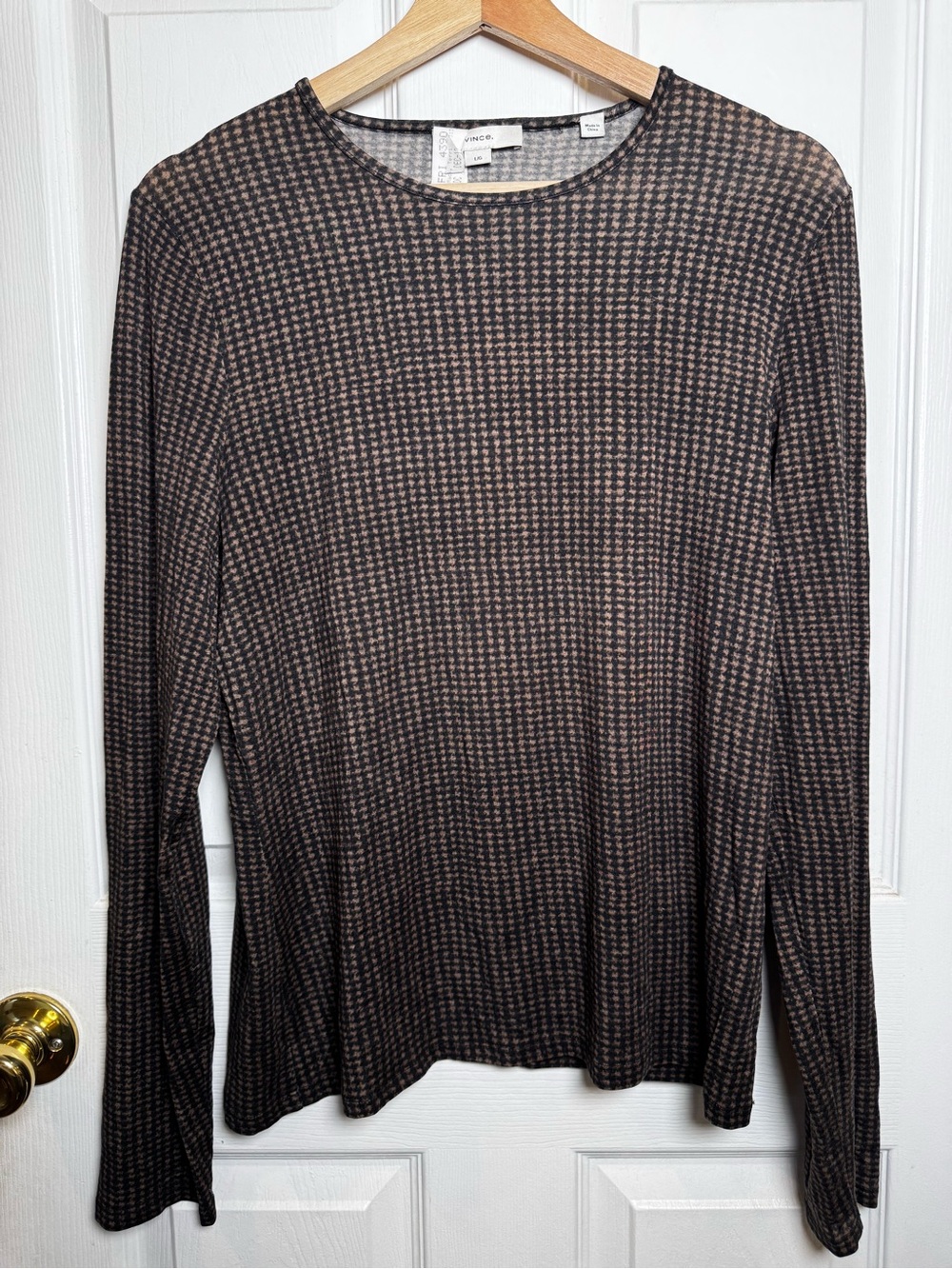 Vince Brown Black Micro Houndstooth Tencel Long Sleeve Top Large Quiet Luxury